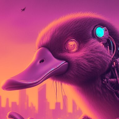A cybernetic platypus held in a robot hand, at sunset over a city river