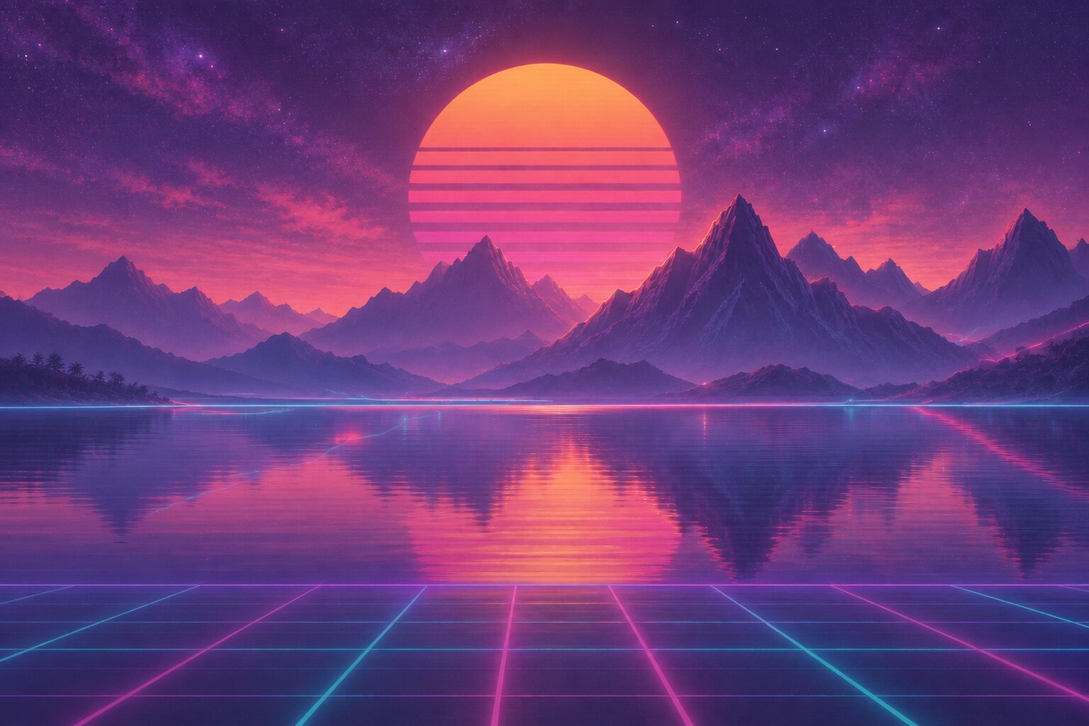 A synthwave sunset: a striped sun over purple mountains, mirrored in water above a neon grid